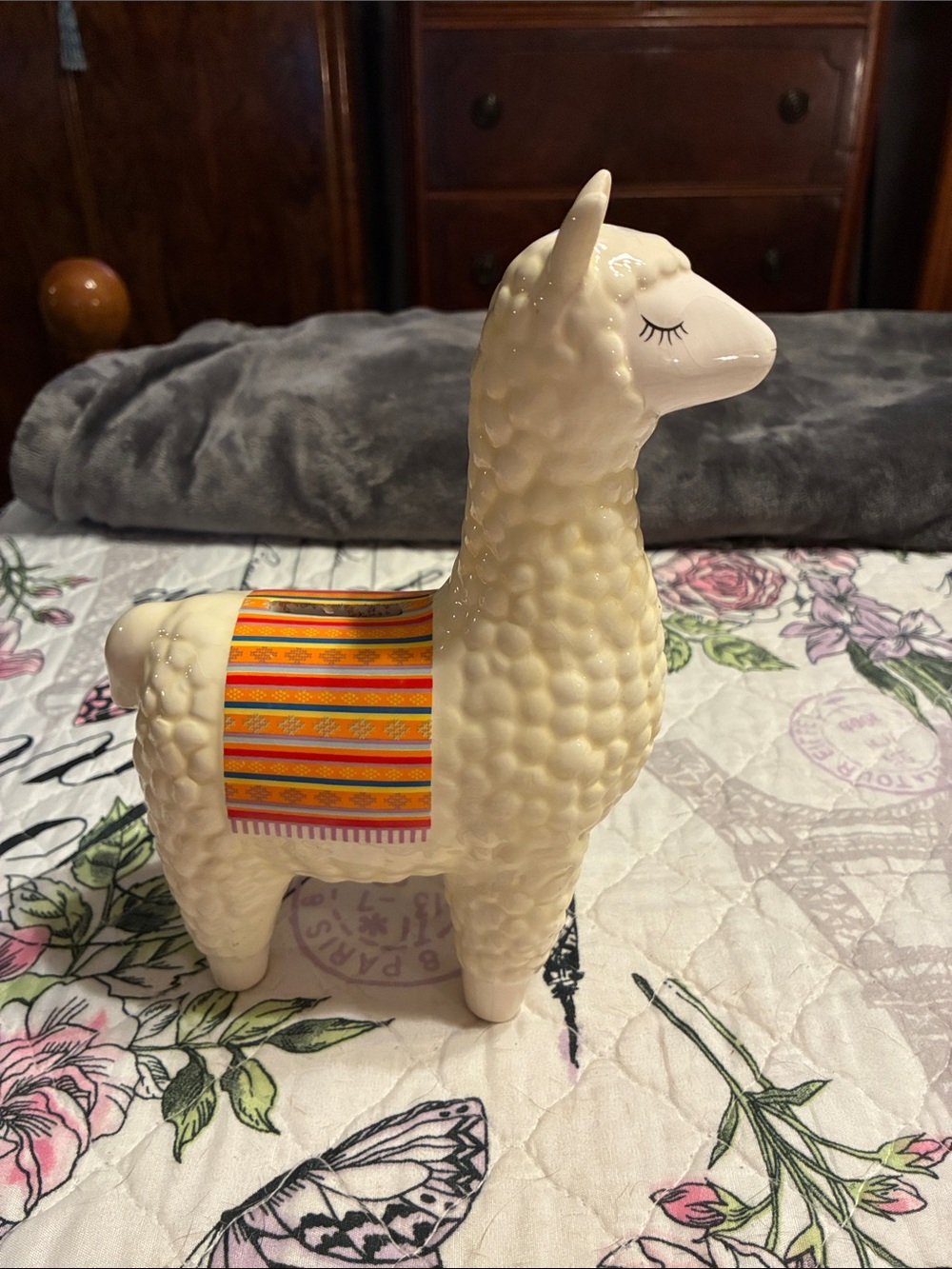 Cream Ceramic Llama Bank with Colorful Saddle